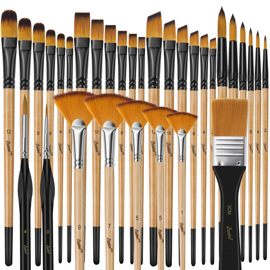 32 Pcs Paint Brush Set, Artist Paint Brushes for Acrylic Painting, Oil, Watercolor, Gouache, with Flat Round Filbert Fan Angle Detail Brush, Suitable for Artists and Beginners