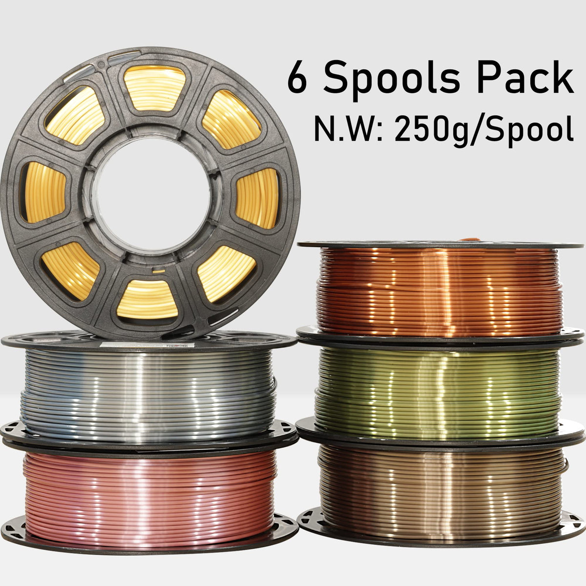 6 Spools 1.75mm Silk PLA 3D Printer Filament Bundle, 6 Metallic Shiny Colors