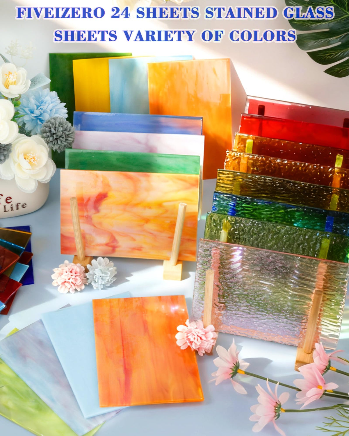 24 Sheets Rainbow Transparent Stained Glass Sheets 4x6 Inch