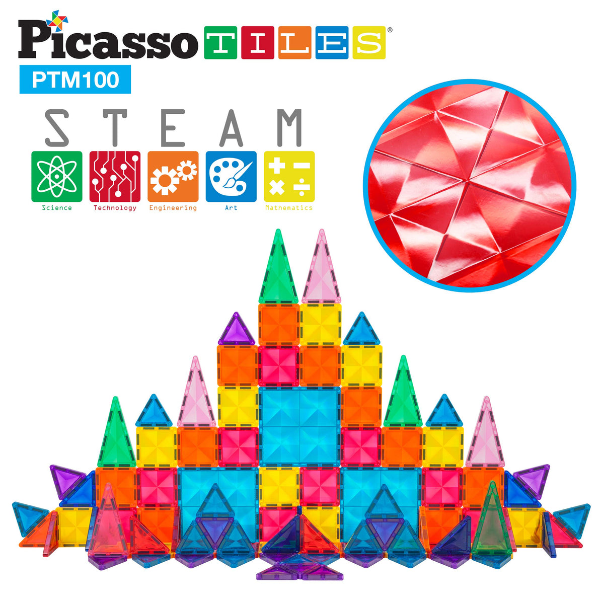 PicassoTiles 100 PC Magnetic Mini Tiles + Carry Case: STEAM Educational