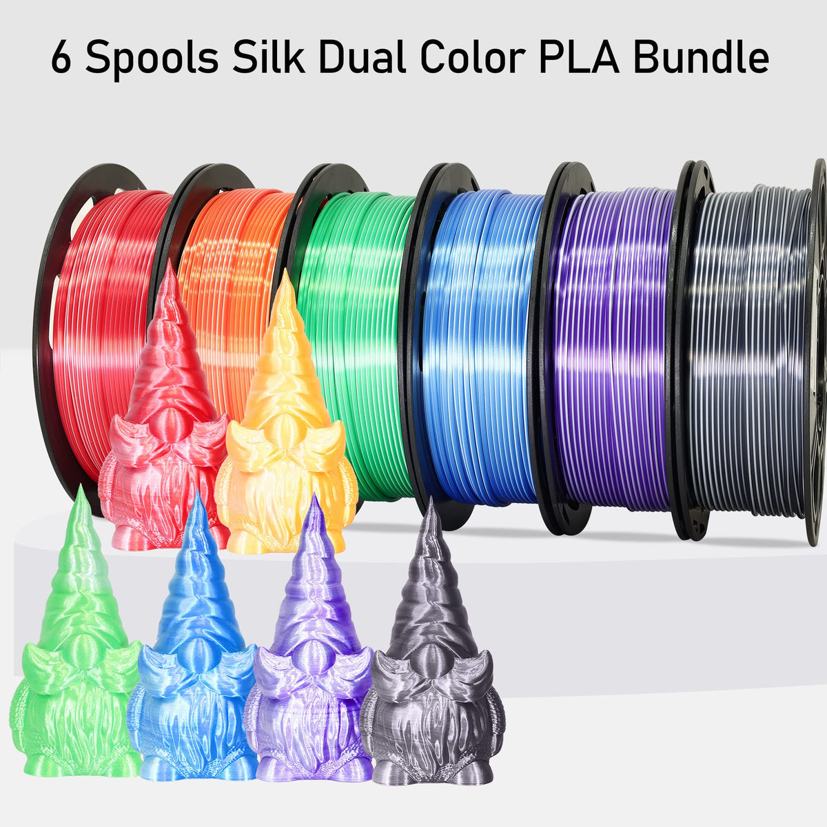 Dual Color 1.75mm 3D Printer Filament Bundle, Silk PLA 6 Spools Pack - White Red, Orange, Green, Blue, Purple, Black - 3D Printing PLA 250g X 6 Spools