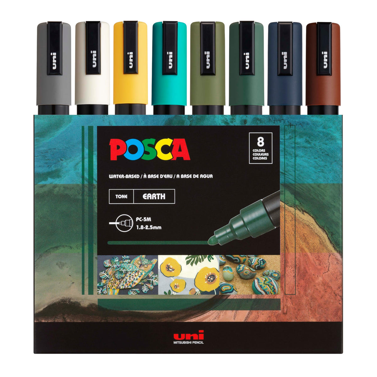 posca Markers Set, 8 Medium Paint Markers 5M – Earth Tones – Grey, Ivory, Ochre, Green, Navy Blue, Brown