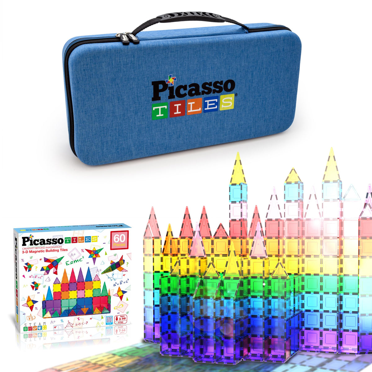 PicassoTiles 60PC Magnetic Tiles + Carry Case Bundle: STEAM Educational