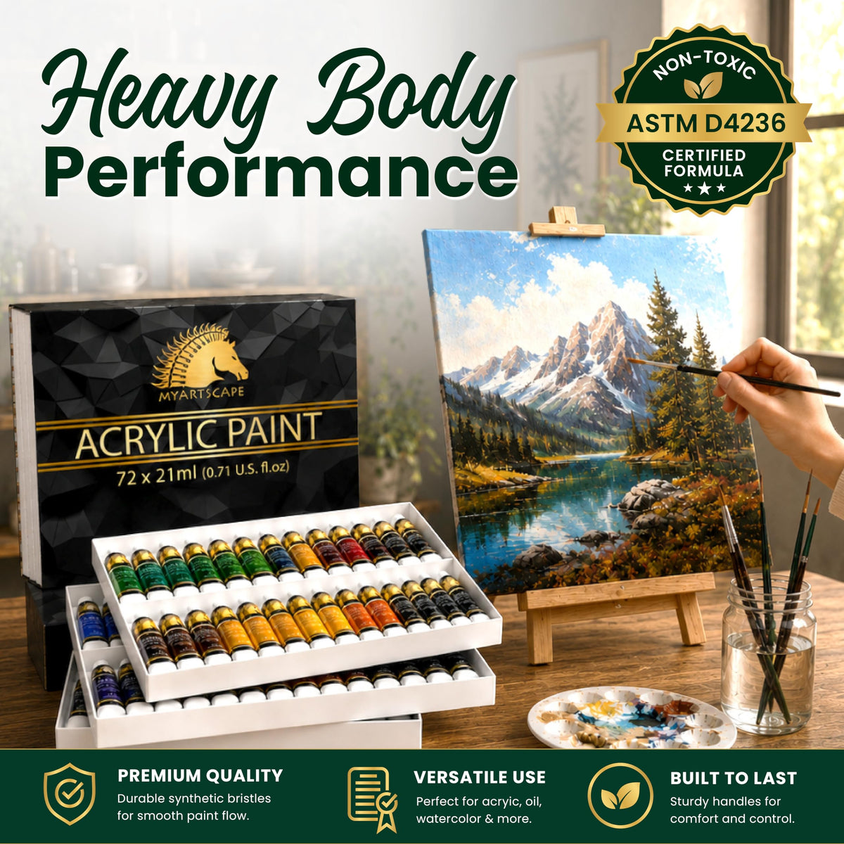 MyArtscape Heavy Body Acrylic Paint Set — 72 Colors x 21ml Artist Acrylic Paints with 3 Paint Brushes for Canvas, Wood, Fabric & Crafts | Rich Pigment Non-Toxic Professional Art Supplies for Adults & Beginners