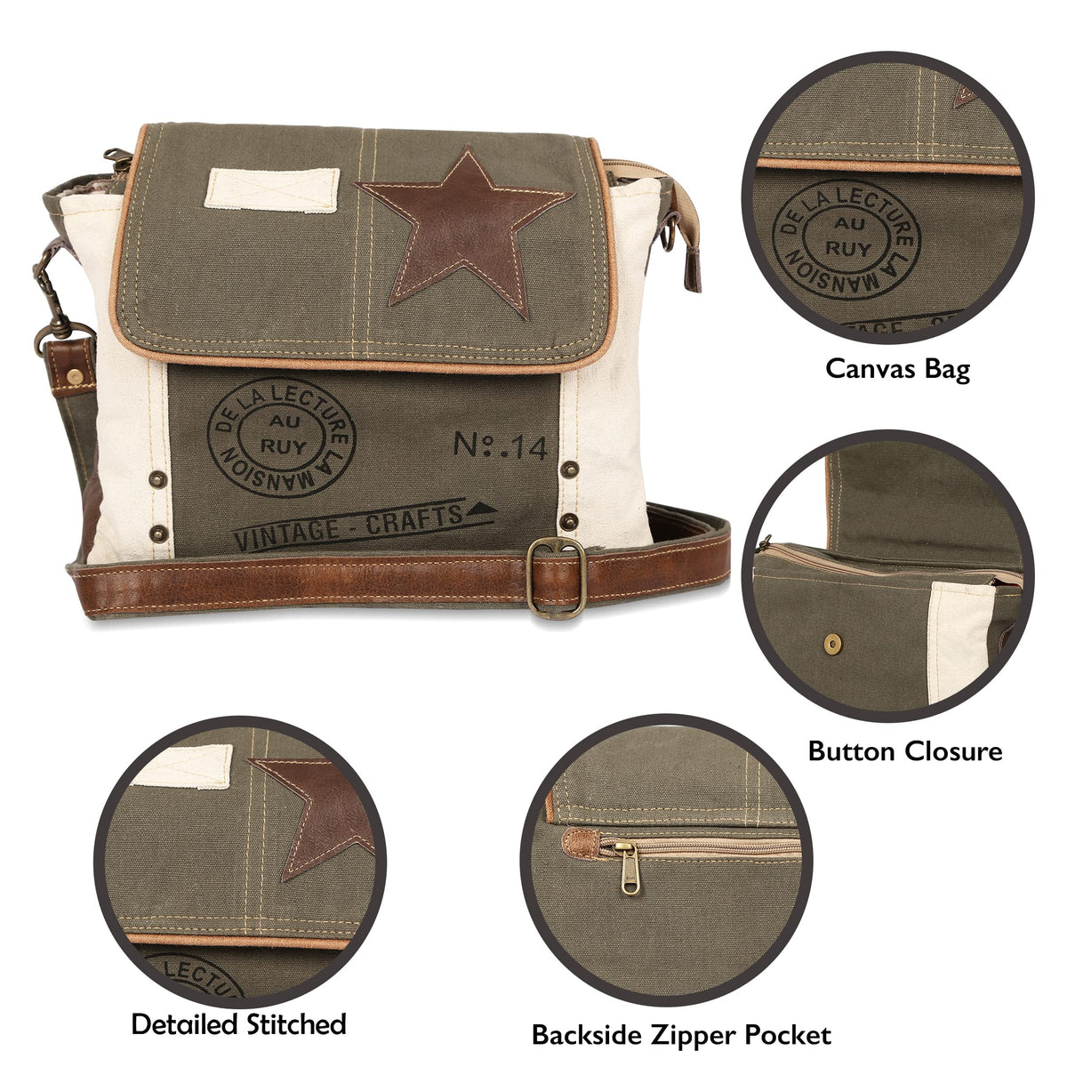 Vintage crafts Leather Star Shoulder Bag adjustable leather handle